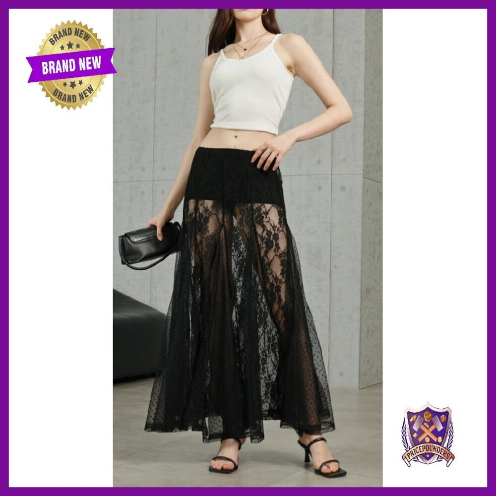 Sheer Lace Maxi Skirt Elastic Waist Flowy A-Line Ruffle Hem - Picture 8 of 8